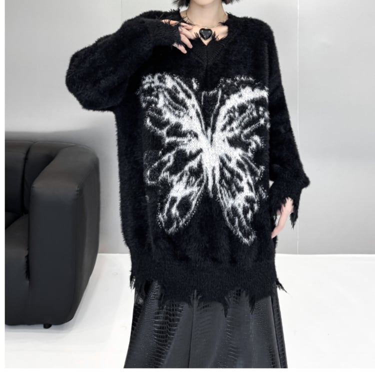 バタフライモチーフダメージ加工Vネックニットセーター ◆2col R30070