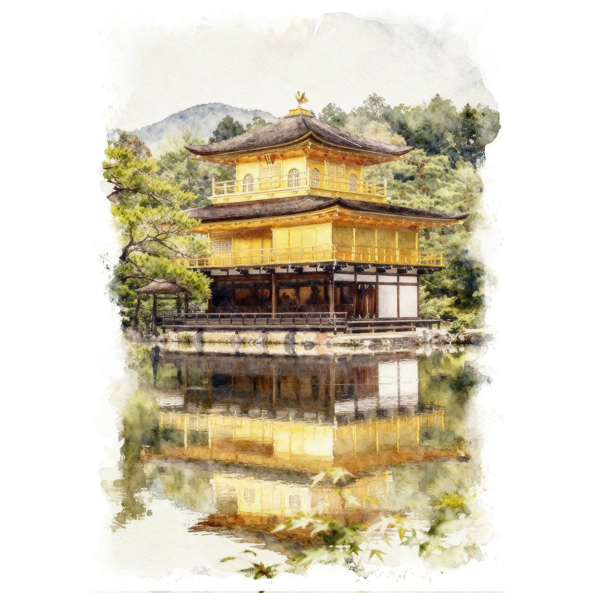 絵画 日本 京都 金閣寺の風景インテリアアート額付き 水彩画・油絵風