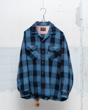 vintage wool check open collar shirt / SIZE : 16 1/2