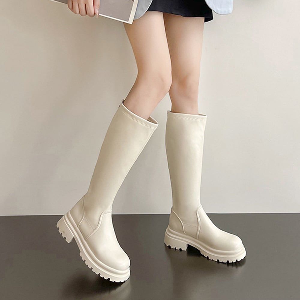 厚底 ロングブーツ レディース 秋冬 韓国 PUレザー ブーツ きれいめ 大人 かわいい 通勤 おしゃれ シンプル バックファスナー 太ヒール 履きやすい 大人可愛い 大人女子