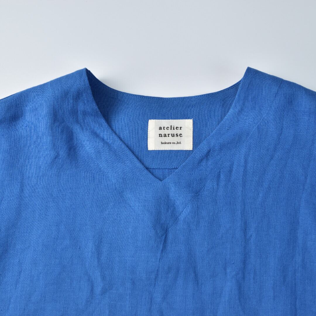 atelier naruse アトリエナルセ リネンVネックスモックブラウス・ブルー