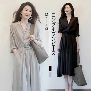ワンピース シャツワンピース Vネック レディース 2色 M-3L ロング丈 無地 Aライン きれいめ 大人 25LT209