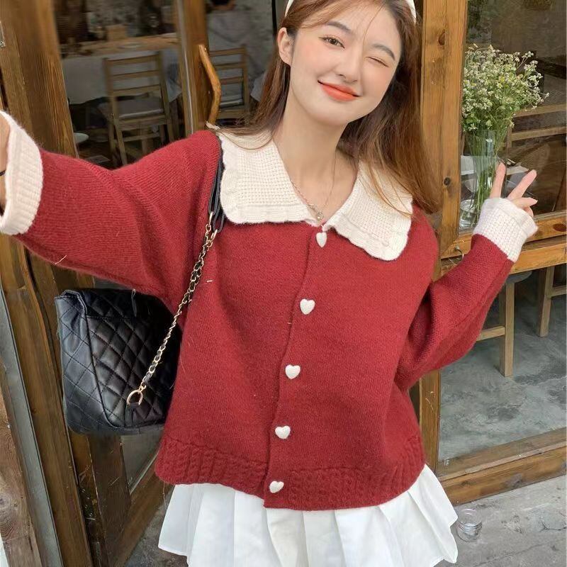 【新作】【送料無料】 秋と冬の女性のための対照的な色の人形の襟のセーターは、甘い年齢を減らす愛のセーターをデザインしました。 034384632284