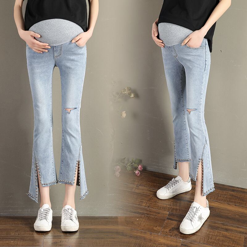 【新作】【送料無料】 マタニティビーズデニムパンツ2020サマーウエストベリージーンズ穴あきフレア妊娠中の女性エンパイアパンツ レッド 夏物 AL expec327962700994