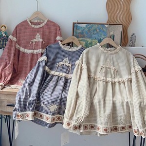 【国内発送】お花刺繍レース チェックブラウス Y 11148