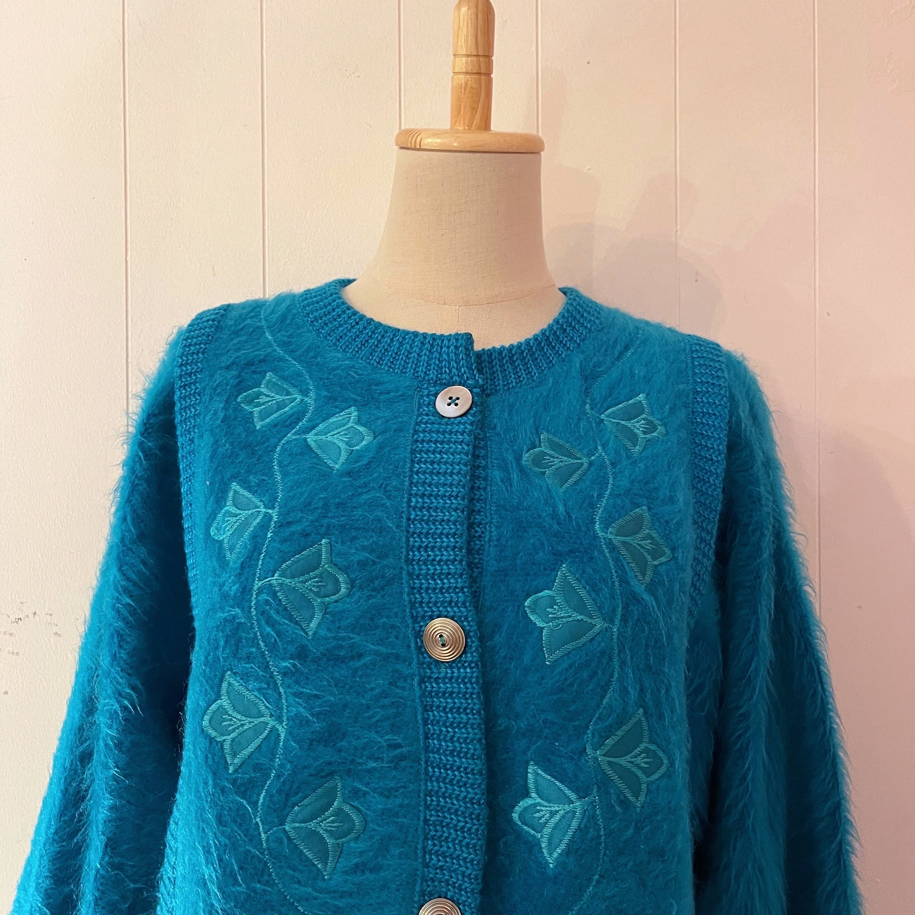 peacock green shaggy knit cardigan