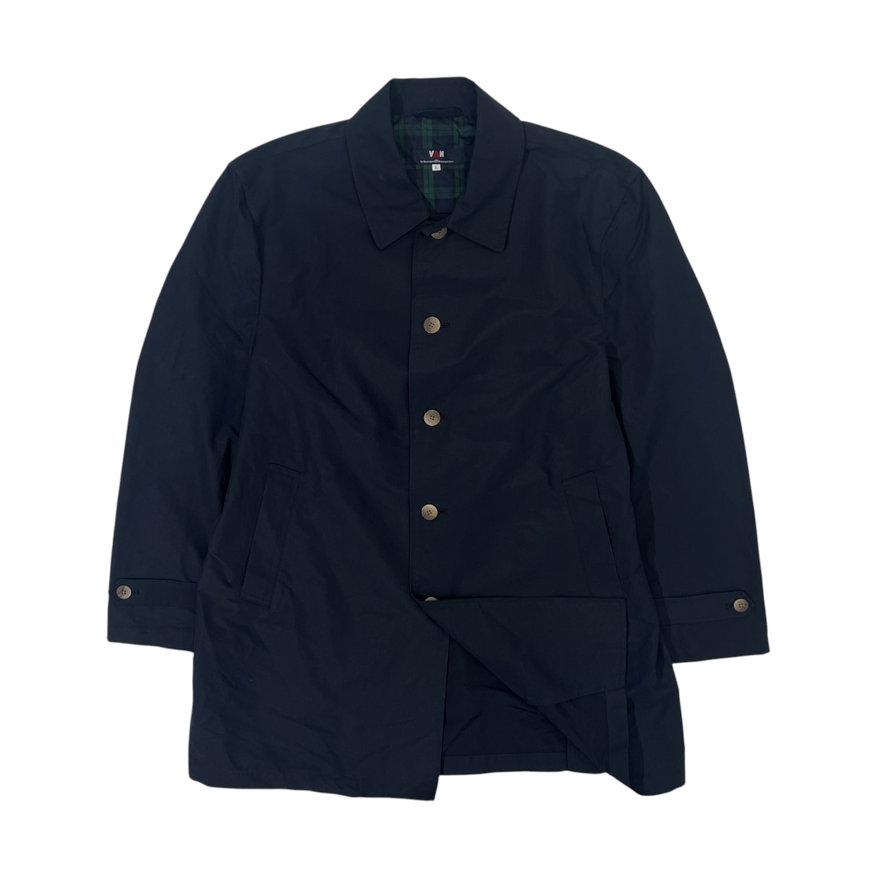 VAN JAC ヴァンヂャケット 裏ブラックウォッチ ステンカラーコート L/ネイビー/薄手