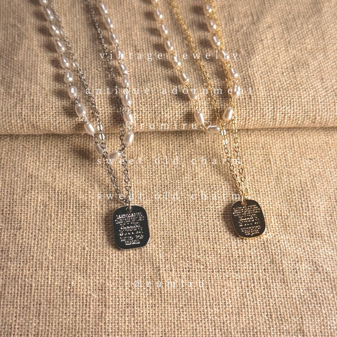 ハンドメイド 淡水パール×二連チェーン ヴィンテージ ネックレス - 4
