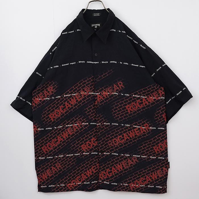 ロカウェア ロゴプリント半袖シャツ 柄シャツ 2XL ネイビー 紺 赤 レッド-