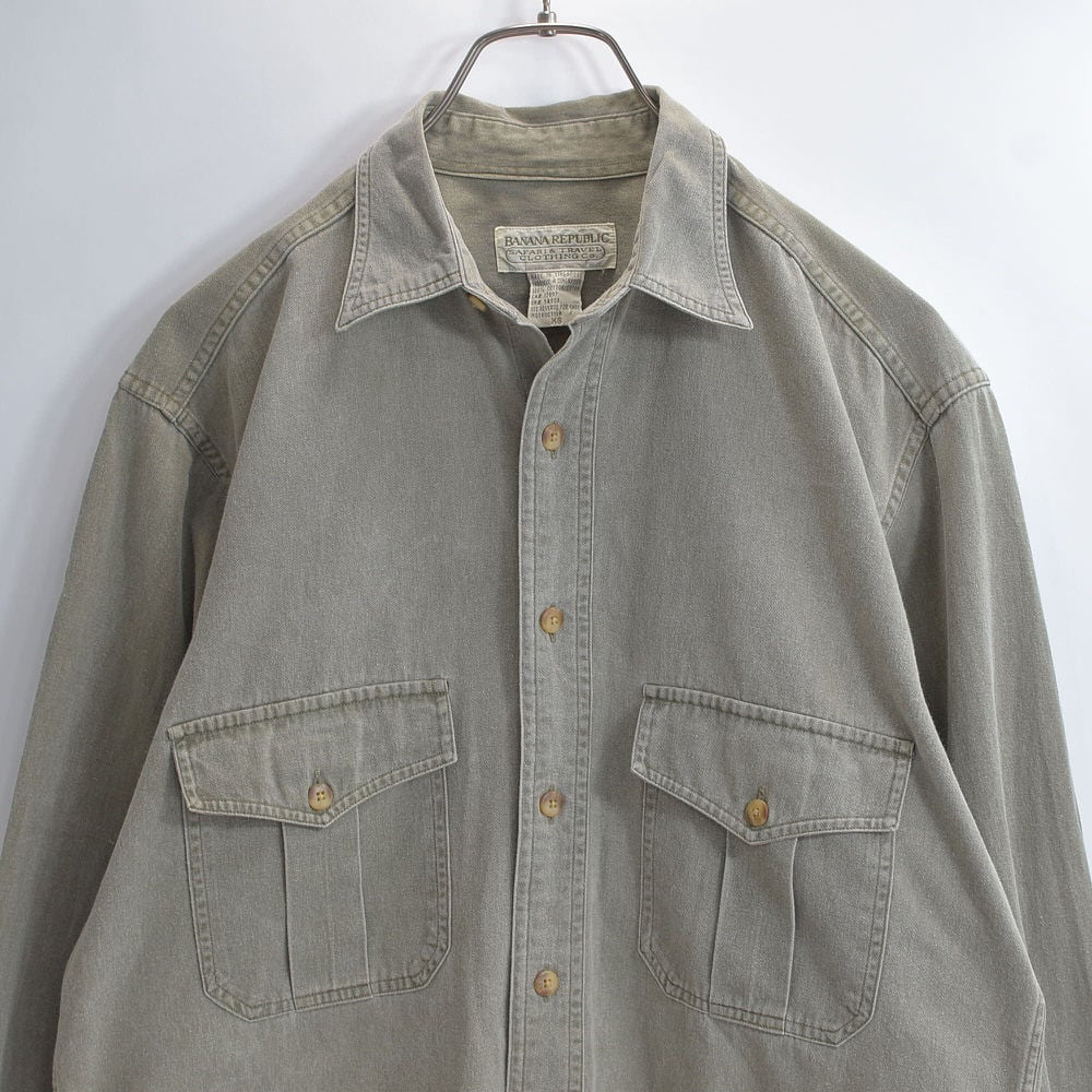 80~90s BANANA REPUBLIC バナリパ サファリ&トラベル ヘビーコットンツイル ダブルポケット ワークシャツ アウトドア オリーブ ヴィンテージ ビンテージ USA アメリカ古着 メンズS相当