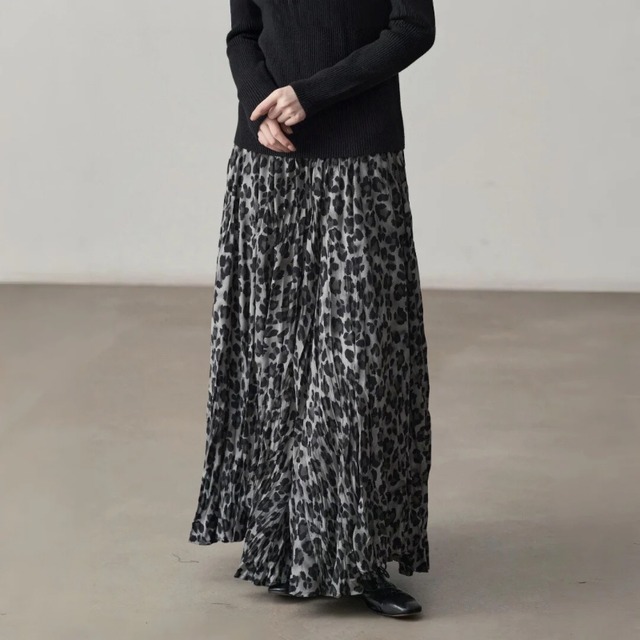 Leopard pleated long skirt C1351