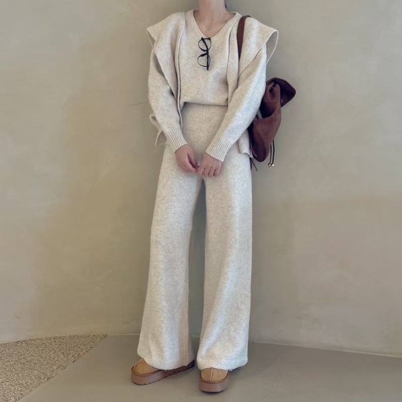 【set】スカーフ×ニットトップス×ワイドパンツ3点セット Q7063