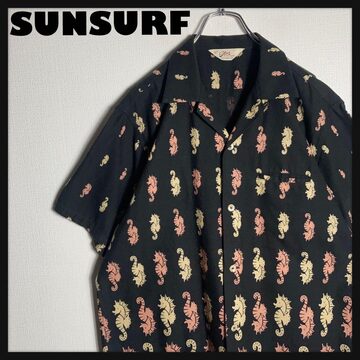 美品】SUNSURF アロハシャツ 半袖 開襟 ハイビスカス ボーダー L 