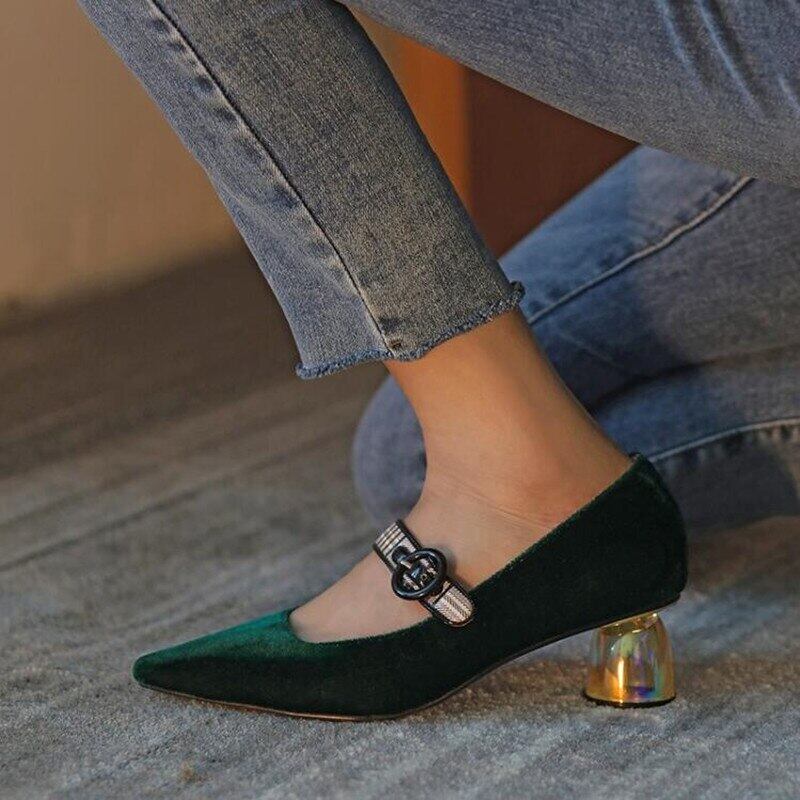 【新作】【送料無料】 ワインGLとレザーブラックポインテッドスエードソフトボトムハイヒールレディースメタルバックルハイヒールレトロチャンキーヒール 靴 シューズ スウェード 10b386462787934