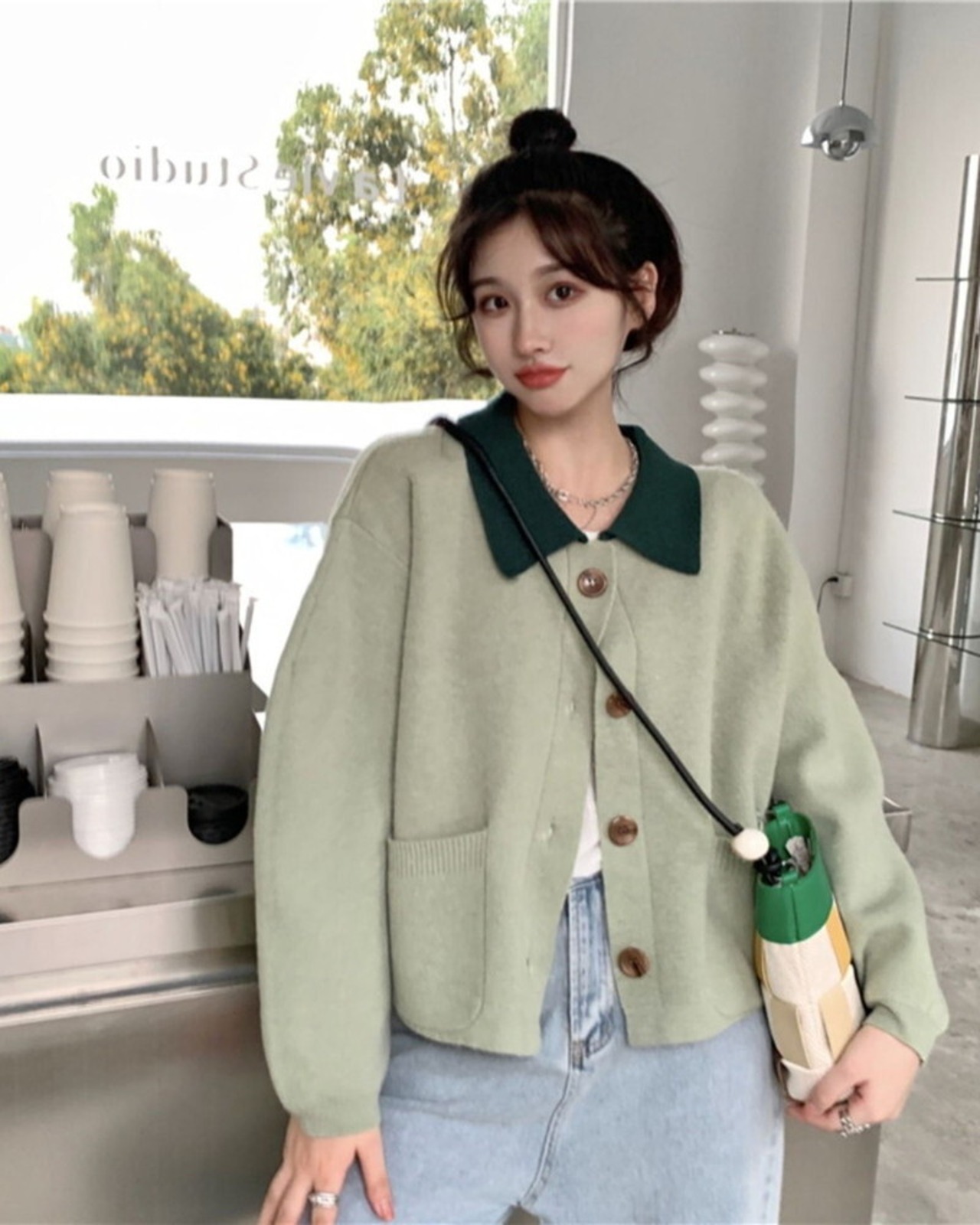 ポロカラーニットカーディガン D1174