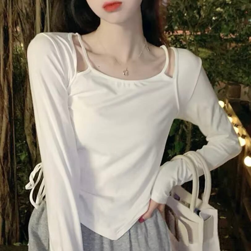 レイヤー風シャーリングロングTシャツ