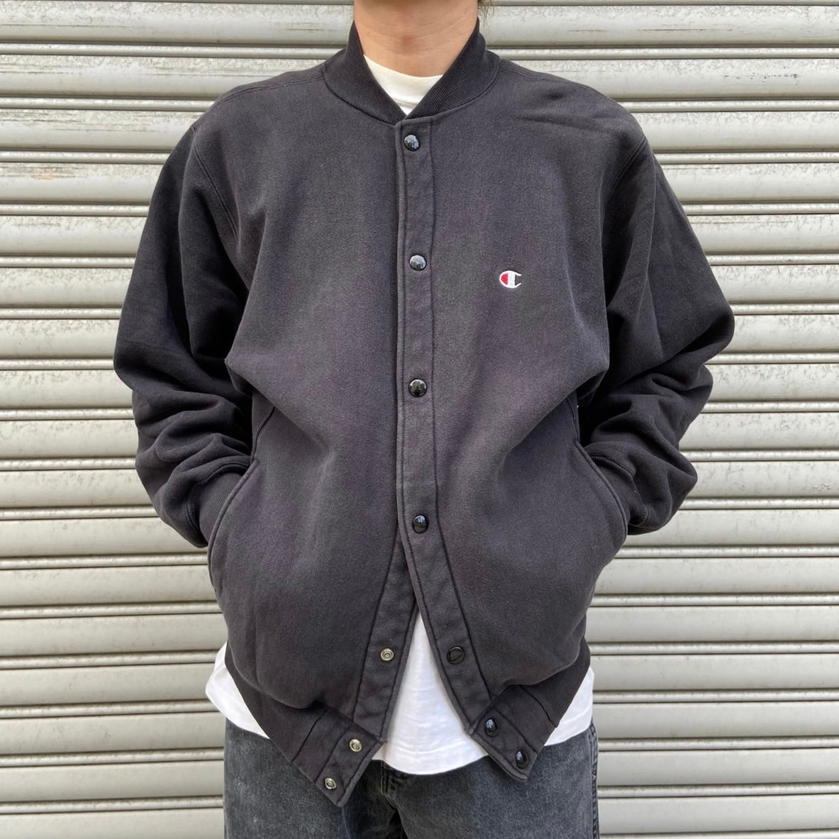 90s USA製 Champion リバースウィーブスナップカーディガン 黒 M