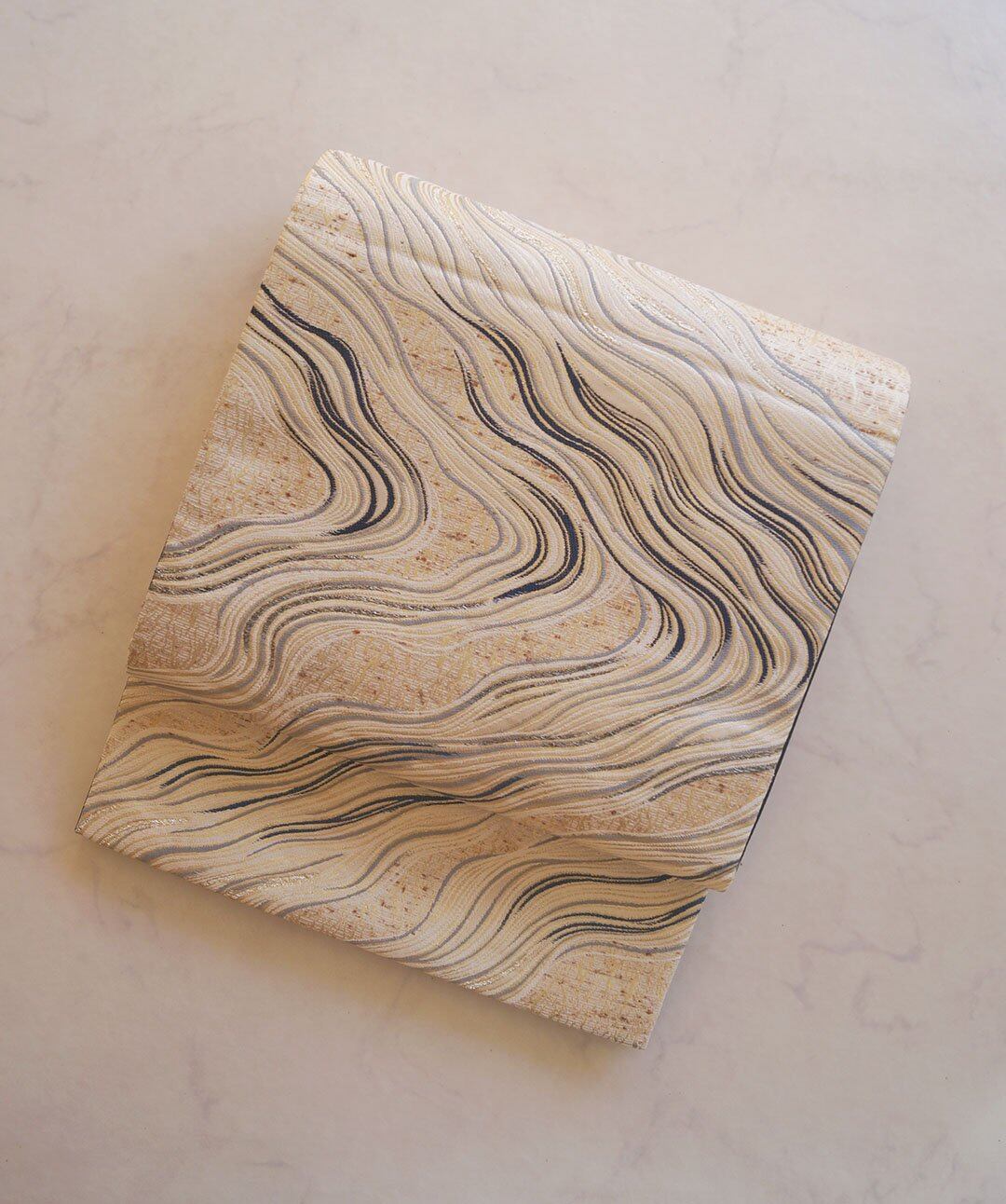 【ふくろ帯】象牙色地 流水文 ぜんまい紬 藍染め ふくろ帯