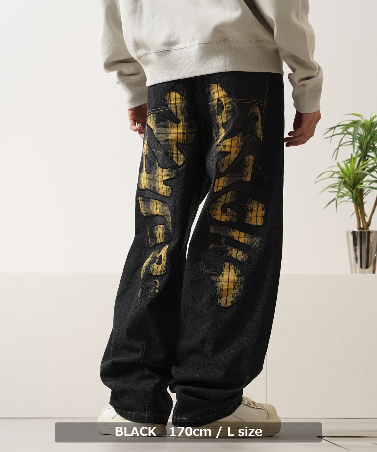 ◆チェック柄 バックアーチ ワイドデニムパンツ◆wi-197038