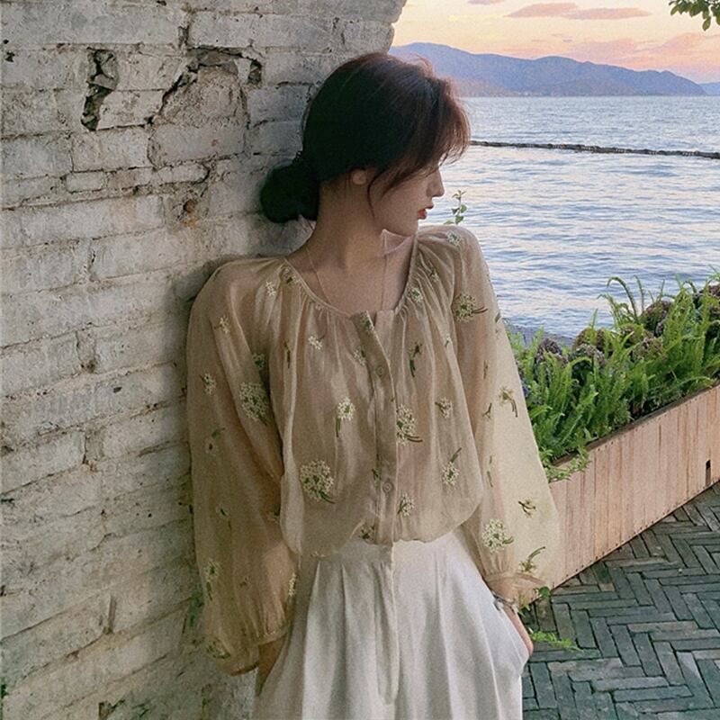 新品パフスリーブ 水玉 七分袖 シャツ ゆったり ブラウス シフォン