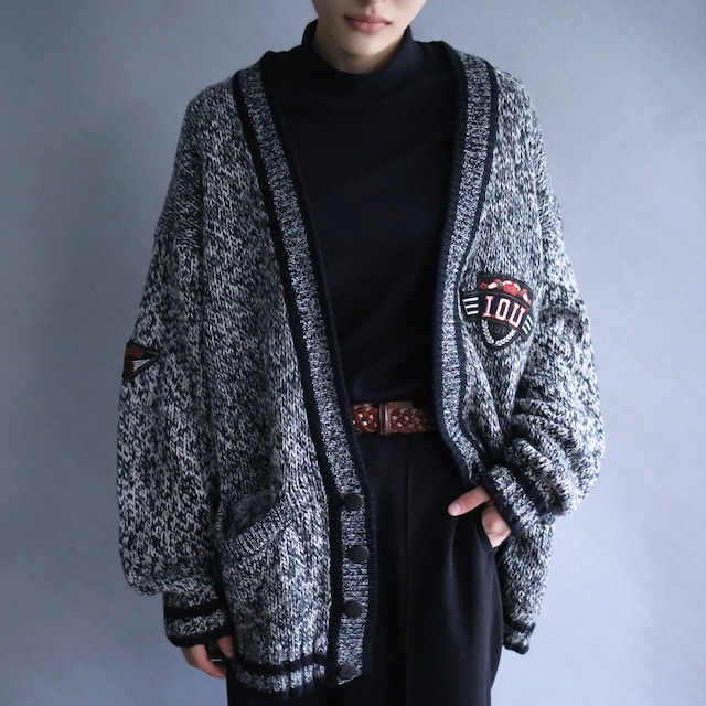 monotone noise full pattern black piping and patchwork design over silhouette 4b cardigan