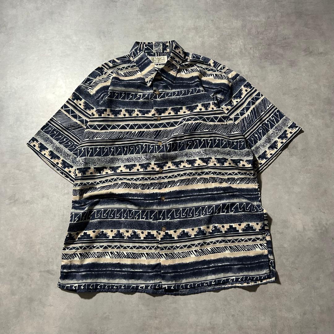 SONIC コットン ポリエステル 総柄 パターン アロハ デザイン シャツ
