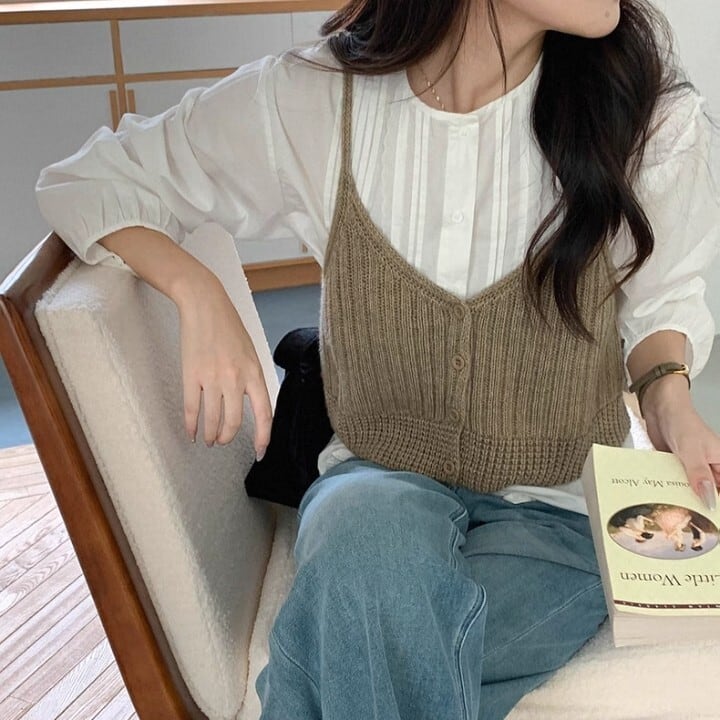 ボタンフロント クロップド丈 ニット キャミソール L1109