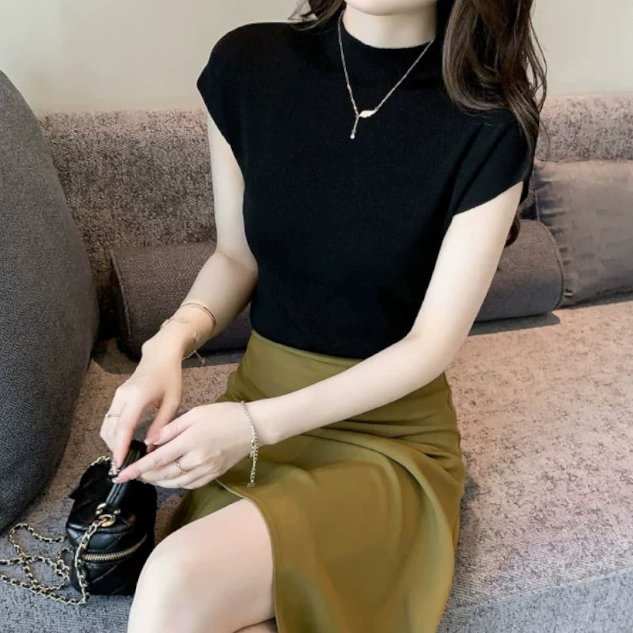 ハーフハイネック半袖ニットトップ A00204