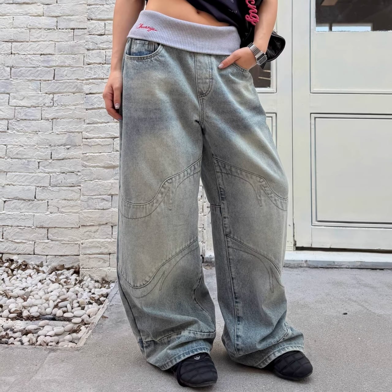 ウエストリブパネルドヴィンテージライクデニムパンツ 1col R02088