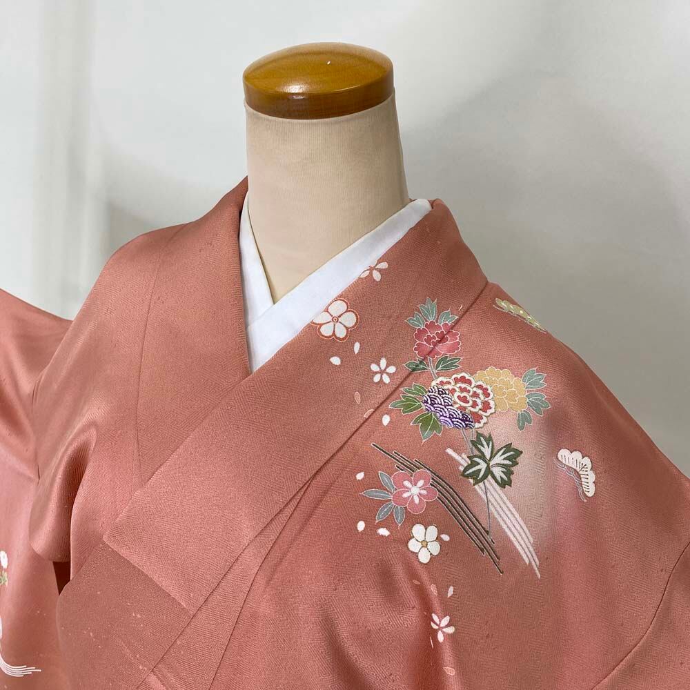付け下げ 訪問着 中古 オレンジ ピンク 裄丈65.8cm 身丈163.6cm 結婚式  