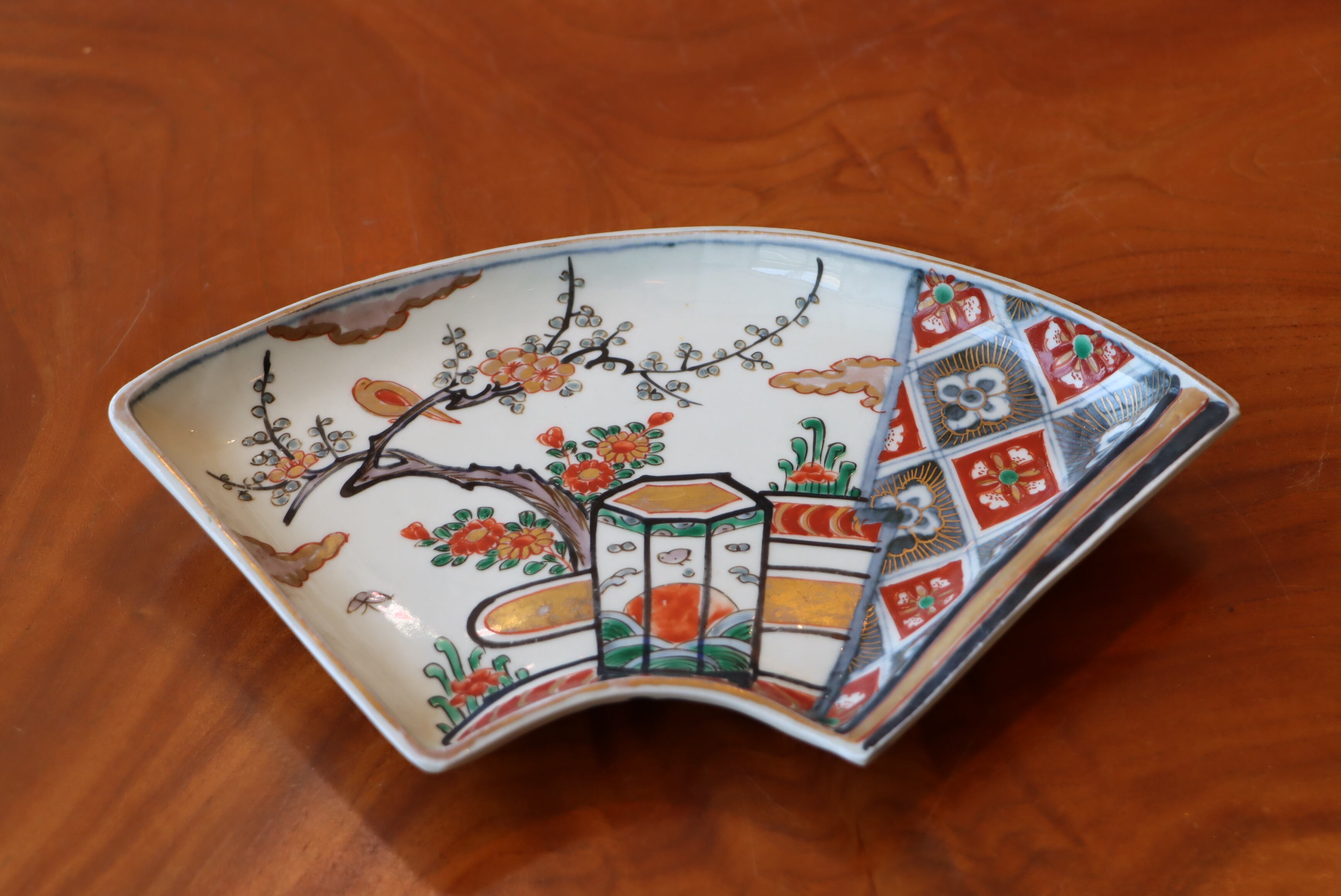 青手花鳥図扇面型皿　5客　九谷焼 扇形皿 九谷焼 色絵 花鳥文 | (有)新原美術