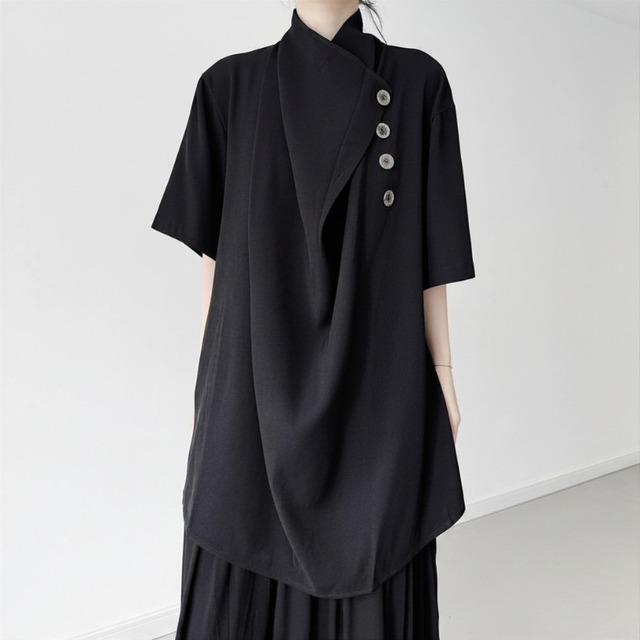 Asymmetry draped button top【2color】 C1512