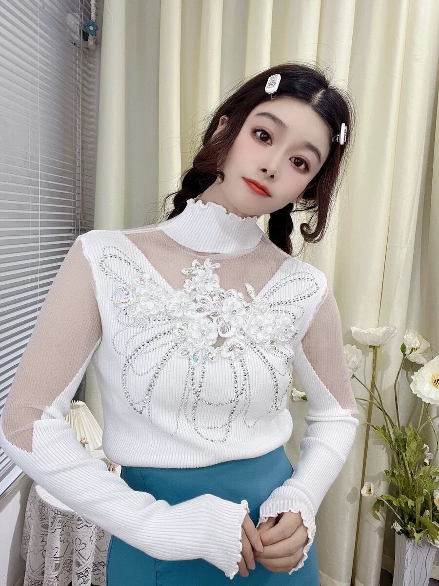 トップス ハイネック 白 紫 黒 フリル リボン セーター 白 赤 青