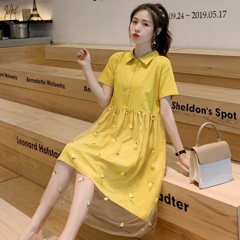 【新作】【送料無料】 マタニティウェア2020夏の新しい綿、リネン、パイナップル、ネットヤーンドレスミドル丈ラペルマタニティドレス-アリババ コットン サマー 夏物 expec276306478666