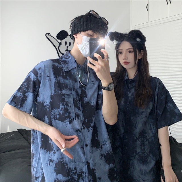 【韓国通販 dgo】2colors ユニセックス 絞り染めペアシャツ ブルー/グレー(M2597）トレンドアイテム