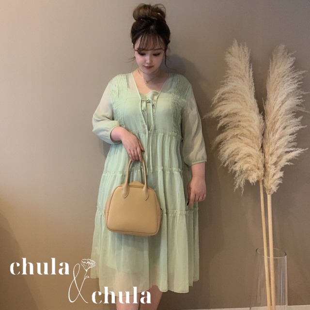 ピスタチオカラーのロング丈ティアードワンピース シフォン 可愛い 流行 Ch1455 Nyon Pocha 様着用画像有 可愛い大きいサイズ韓国レディースファッション Chulachula チュラチュラ
