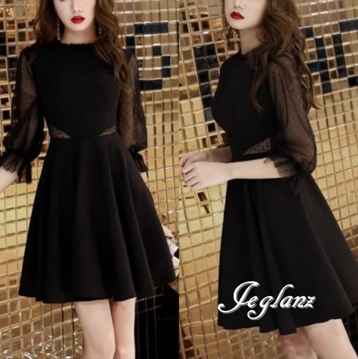 パーティ ドレス ワンピース 異素材 ミックス 水玉 肌透け ひざ上(M1936)ζ