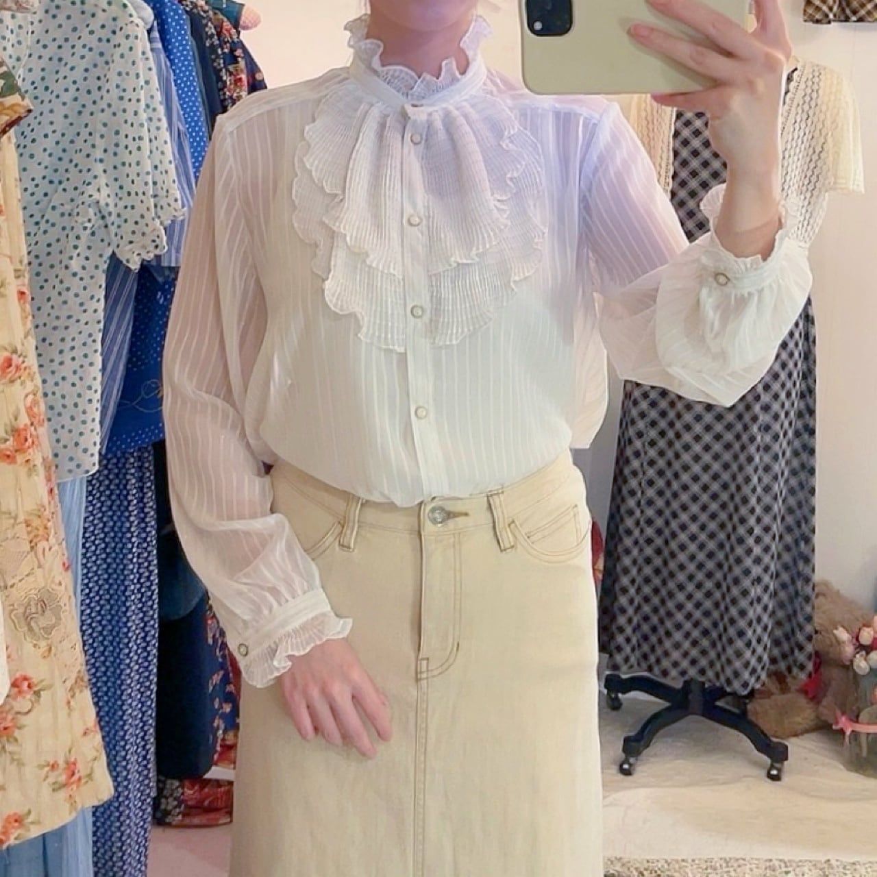 lame stripe sheer frill blouse