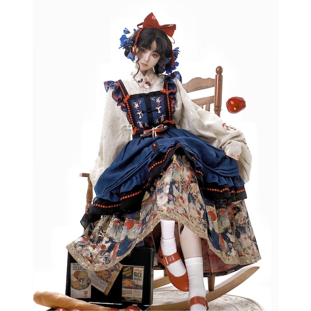 SEASONZ 中華ロリータ チャイナ風 セットアップ 3点セット 中華メイド服 金織り チャイナ服 刺繍 バルーンスリーブ 着物風