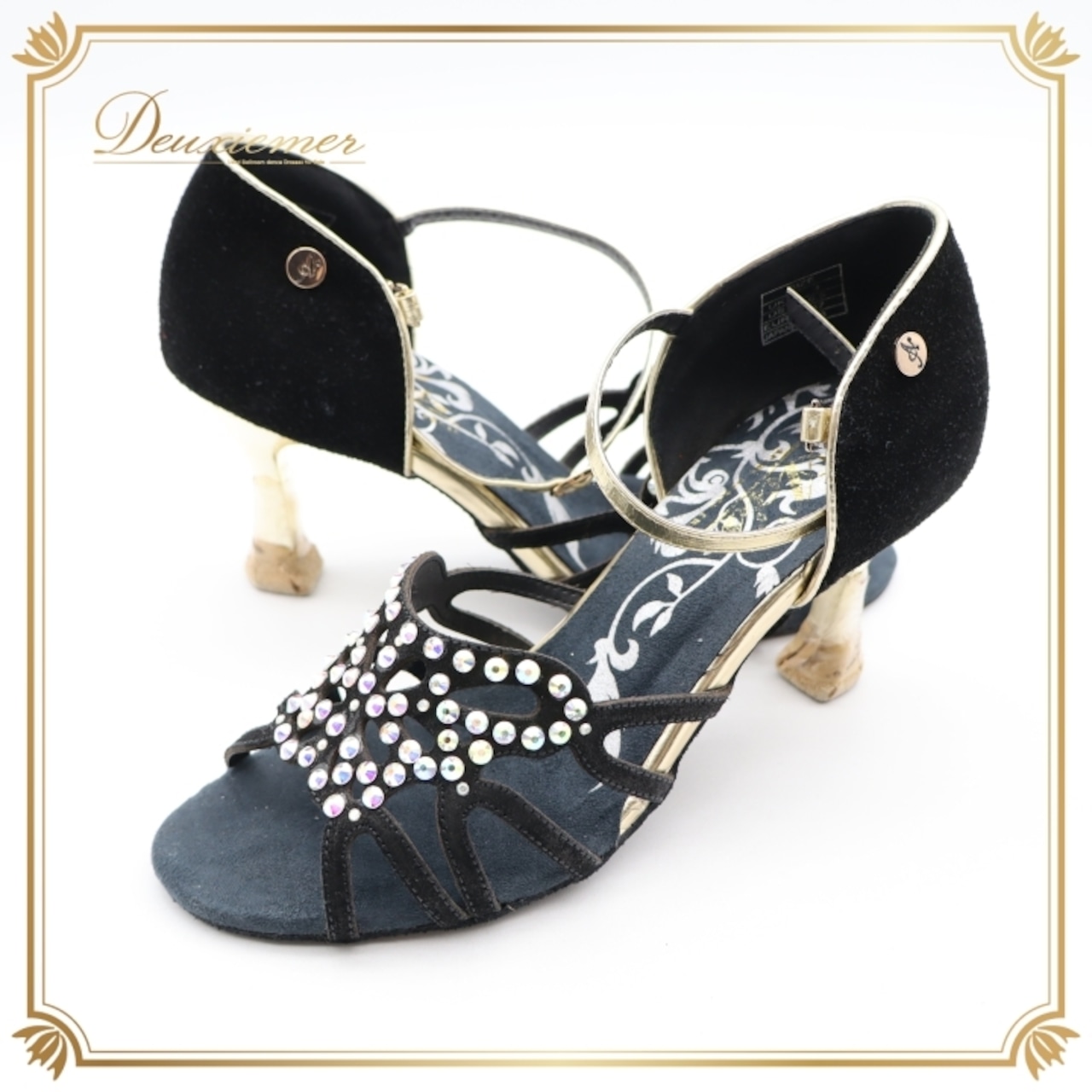 社交ダンス 衣装 ラテン シューズ 23cm ブラック系 Ads 靴 くつ ヒール レディース ラインストーン ストラップ 黒 金 キラキラ 上品 練習 レッスン イベント ステージ かわいい ダンス衣装 ゴールド系