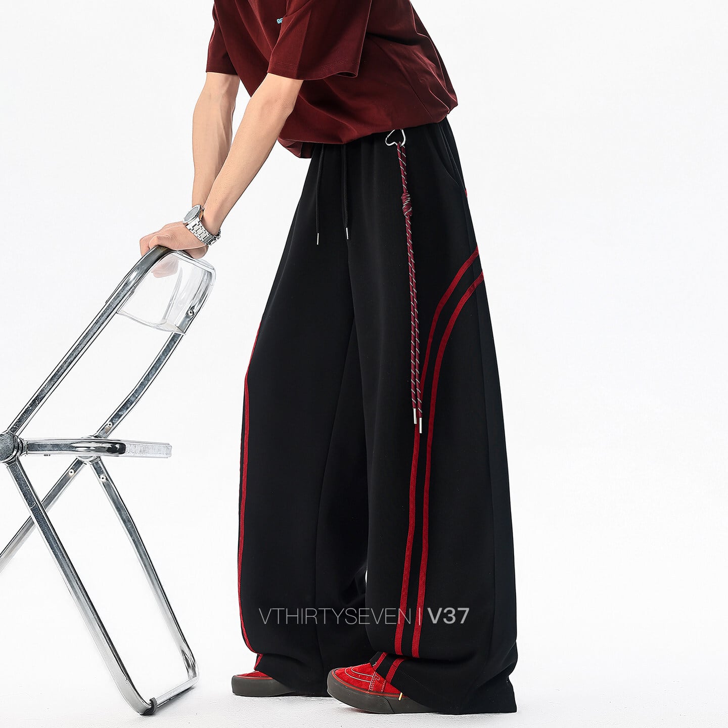 カジュアルパンツ 黒と赤 ストライプ WSシリーズ】☆ズボン☆ 3color ボトムス ユニセックス カジュアル