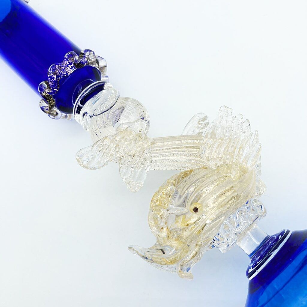 ベネチアングラス ムラノ イタリア キャンドルホルダー ブルー ゴールドステム ドルフィン 金彩 ヴェネチアガラス 21cm