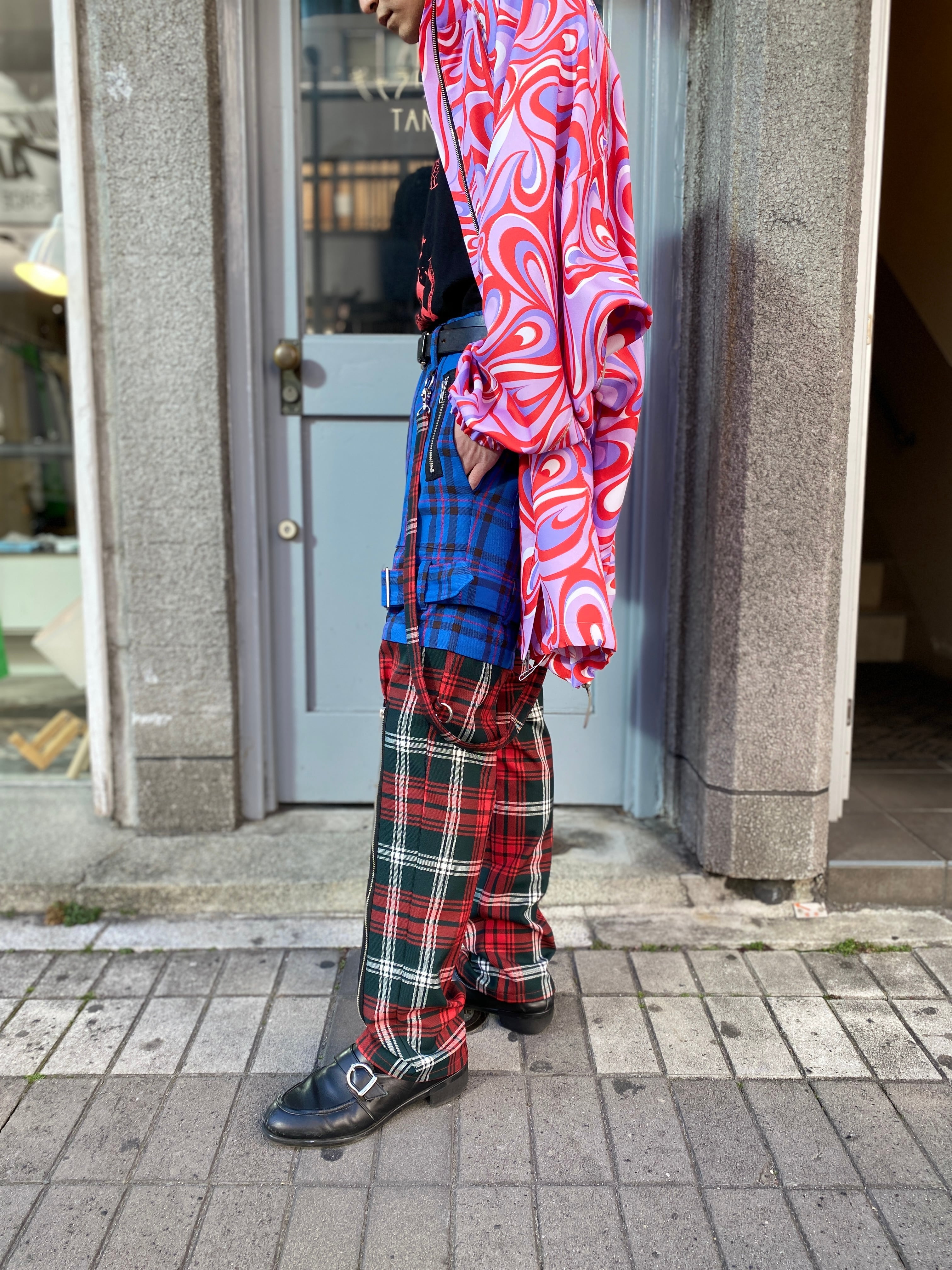 KIDILL / DOUBLE PANEL ZIP & STRAPS TARTAN PANTS / BLUE TARTAN