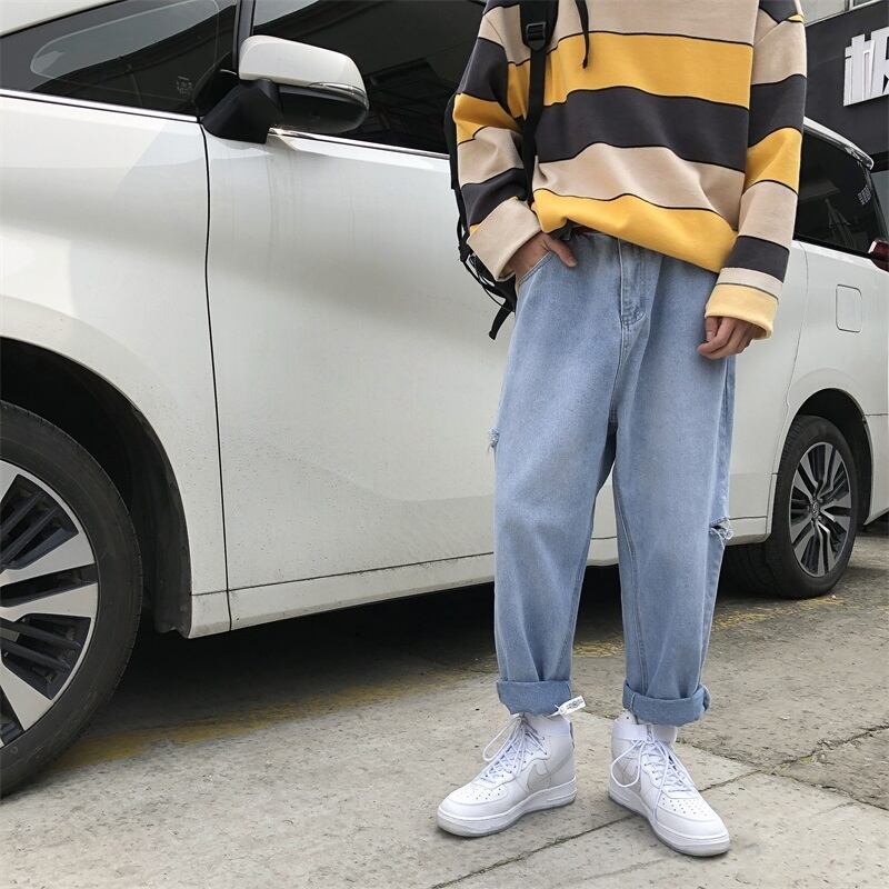 全1色 デニム パンツ ストレート カジュアル クラッシュ 無地