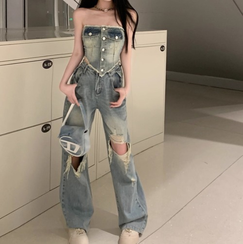 【2点セット】カットオフベアトップ＋ダメージデニムパンツ ・12066