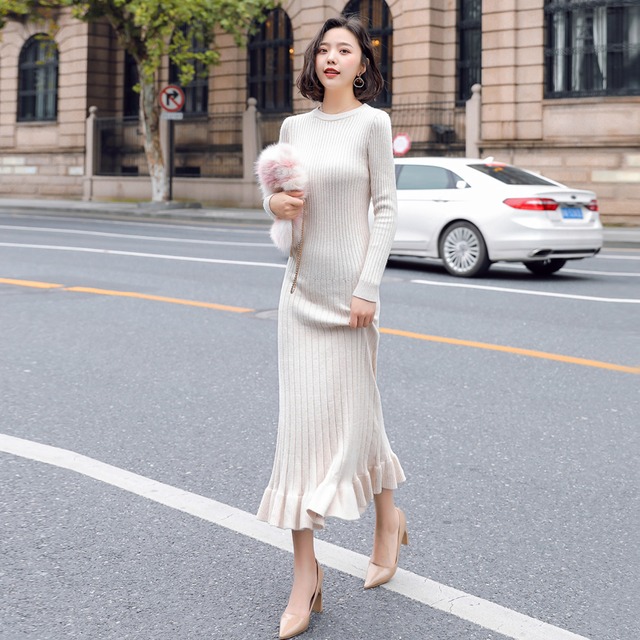 ４色 リブロングニットワンピース レディース 無地 長袖 ラウンドネック フィッシュテール 大人女子 大人上品 きれいめ カジュアル 普段着 街着 デート 女子会 Luna
