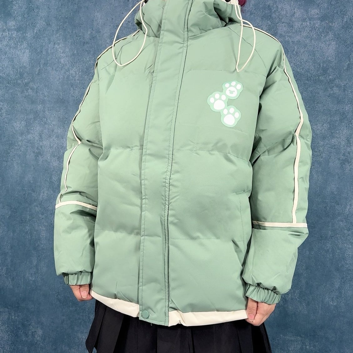 肉球PRINT‐中綿入りハイネックフード付きアウター【MINT GREEN 肉球PRINT‐中綿入りハイネックフード付きアウター【MINT GREEN