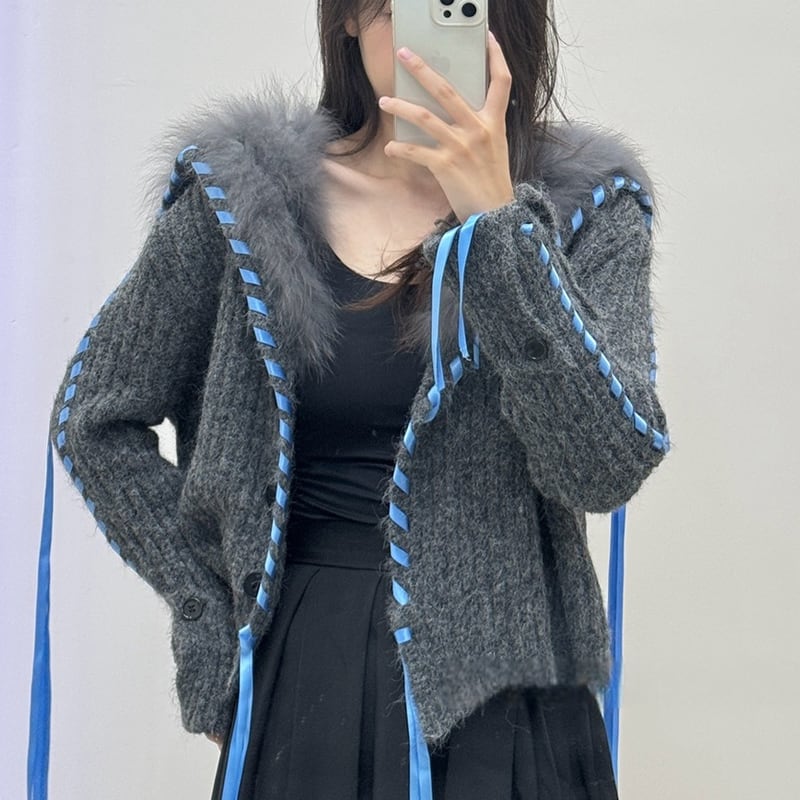 【outer】ファードッキングニットカーディガン Q7137