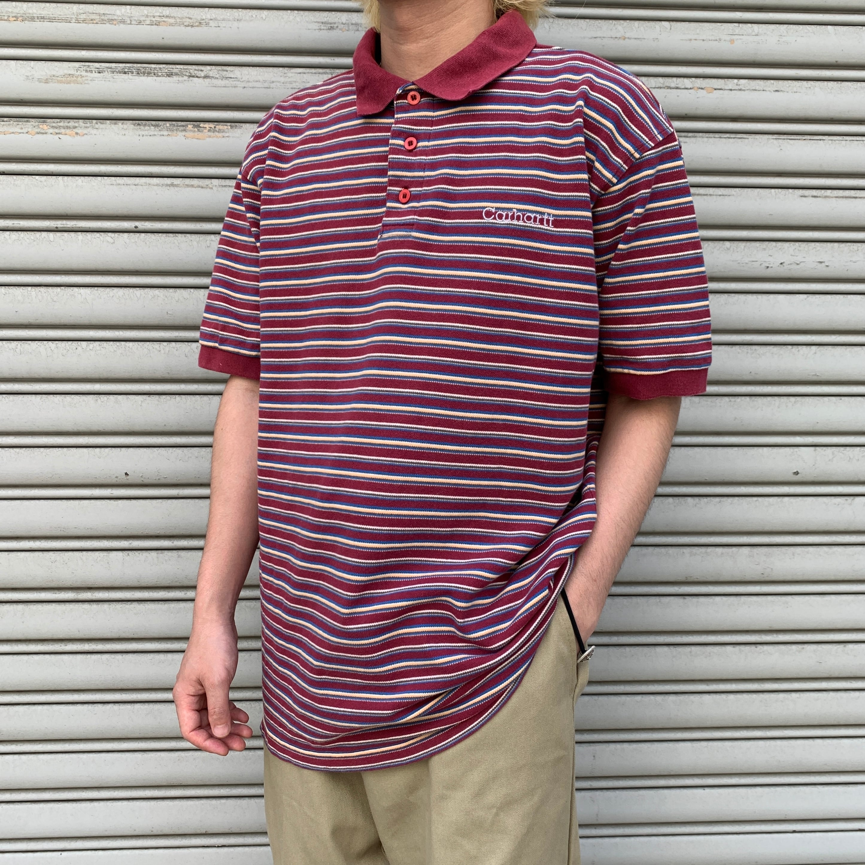 carhartt カーハート マルチボーダー柄ポロシャツ 半袖 ボルドー系 XL