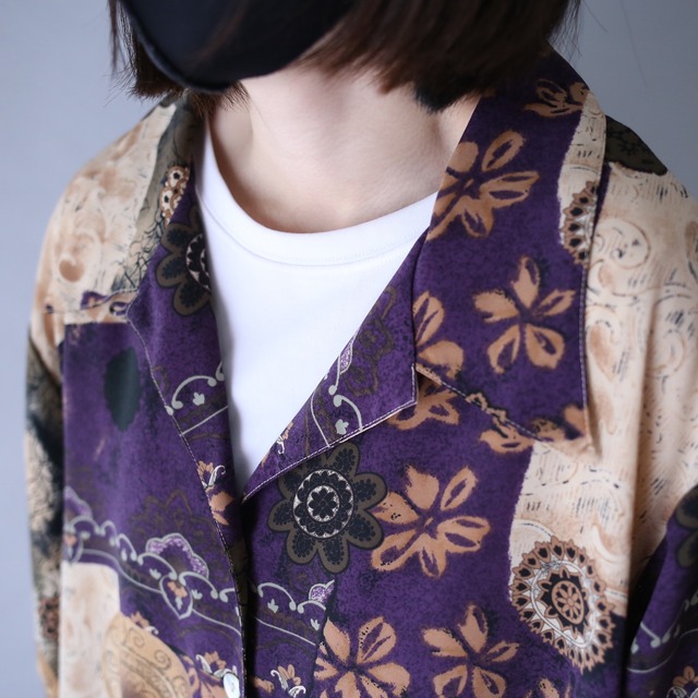 artistic arabesque pattern over silhouette open collar shirt